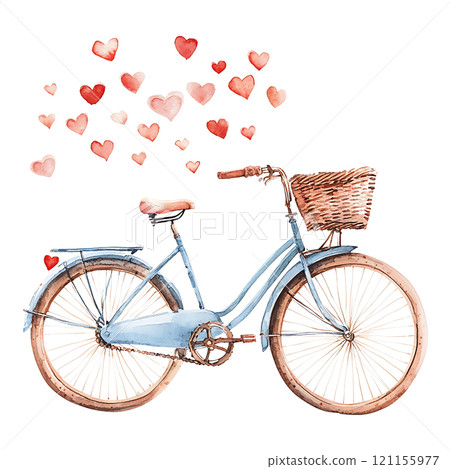 vintage blue bicycle with basket surrounded by hearts, symbolizing love vintage blue bicycle with basket surrounded by hearts, symbolizing love 121155977