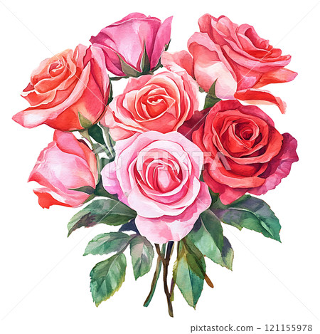 beautiful bouquet of pink and red roses with green leaves. Perfect for gifts beautiful bouquet of pink and red roses with green leaves. Perfect for gifts 121155978