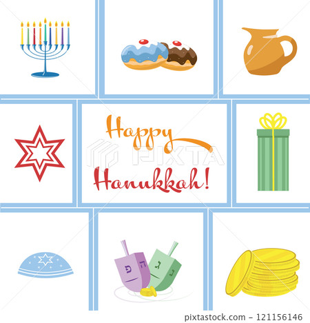 Happy Hanukkah greeting card with traditional elements of the Jewish holiday Happy Hanukkah greeting card with traditional elements of the Jewish holiday 121156146