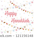 Happy Hanukkah greeting cards with colorful garlands of traditional jelly donuts and stars of David on a starry background vector illustration 121156148