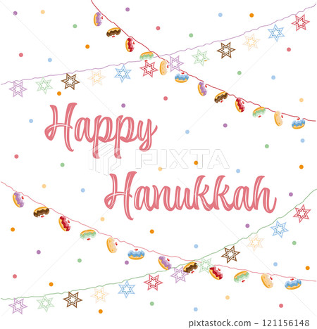Happy Hanukkah greeting cards with colorful garlands of traditional jelly donuts and stars of David on a starry background vector illustration 121156148