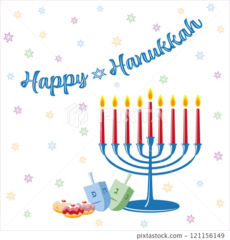 Happy Hanukkah greeting cards with colorful dreidels, jelly donuts and a 9 candle stick candelabra on a starry background vector illustration Happy Hanukkah greeting cards with colorful dreidels, jelly donuts and a 9 candle stick candelabra on a starry background vector illustration 121156149