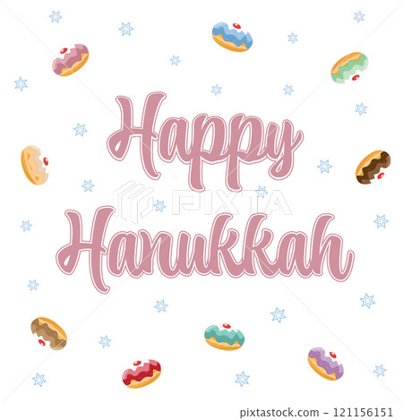 Happy Hanukkah greeting card with colorful jelly donuts and bright blue stars of david on a white background Happy Hanukkah greeting card with colorful jelly donuts and bright blue stars of david on a white background 121156151