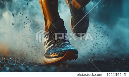 High energy action shot of sports shoe splashing through water High energy action shot of sports shoe splashing through water 121156245