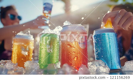 Refreshing drinks in colorful cans with ice and bubbles 121156269