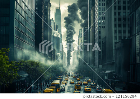 bustling city street filled with yellow taxis and smoke rising from buildings, depicting urban 121156294