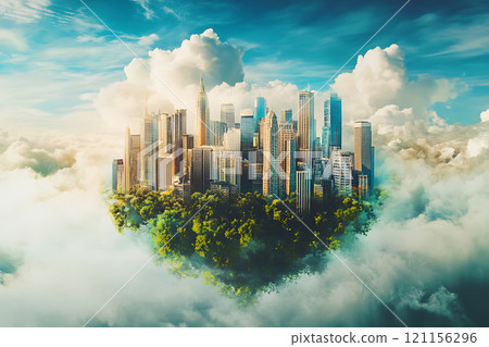 futuristic cityscape surrounded by clouds and greenery, symbolizing sustainability futuristic cityscape surrounded by clouds and greenery, symbolizing sustainability 121156296