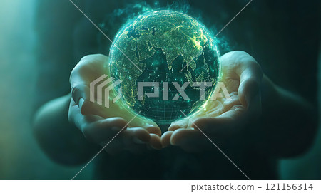 glowing globe held in hands symbolizes environmental technology and care glowing globe held in hands symbolizes environmental technology and care 121156314
