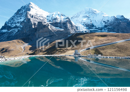[Switzerland] Jungfrau Railway and Eiger reflected in a pond 121156498