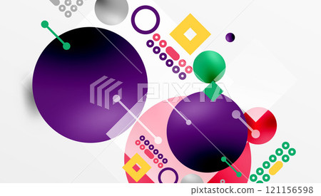 Minimalistic abstract vector design, layered geometric shapes circles, squares, and triangles with soft pastel gradients and semi-transparent effects. Perfect for contemporary use 121156598