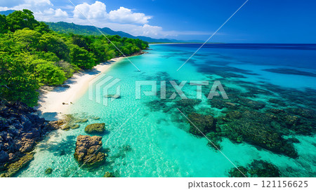 stunning aerial view of tropical beach with clear turquoise water, lush greenery, and rocky 121156625