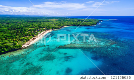 breathtaking aerial view of vibrant coral reef and coastline 121156626
