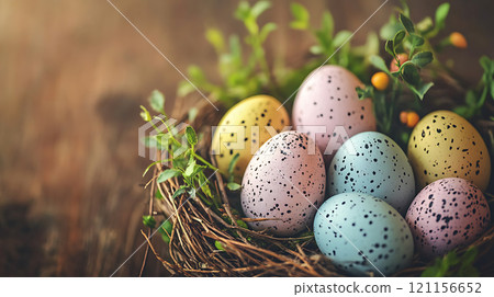 close up of nest filled with colorful speckled eggs and greenery 121156652