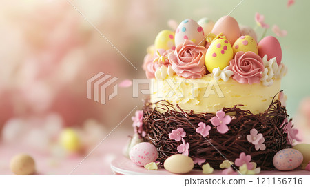 colorful Easter cake adorned with pastel eggs and floral decorations 121156716