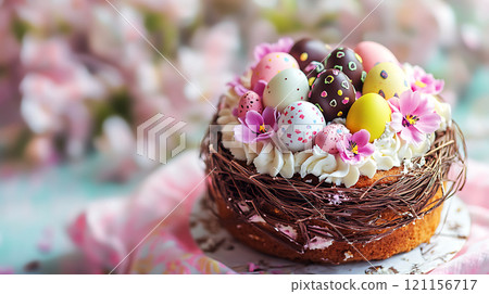 colorful Easter cake adorned with chocolate eggs and flowers 121156717