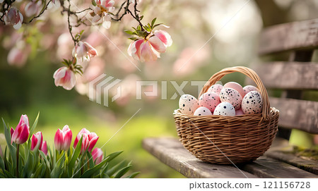 peaceful outdoor scene with wicker basket filled with colorful eggs 121156728