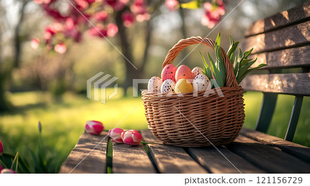 peaceful outdoor scene with wicker basket filled with colorful eggs 121156729