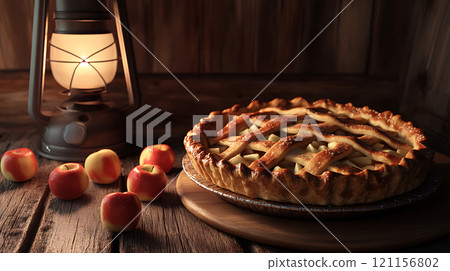 warm rustic scene featuring freshly baked apple pie and lantern 121156802
