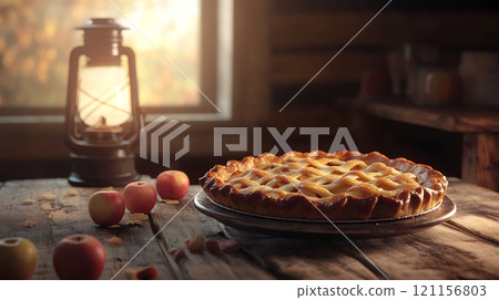 warm rustic scene featuring freshly baked apple pie and lantern 121156803
