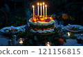 vibrant cake adorned with fruits and candles, perfect for celebrations 121156815