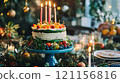 colorful cake adorned with fruits and candles, perfect for celebrations 121156816