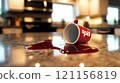 Spilled red liquid from cup on kitchen countertop, creating mess 121156819