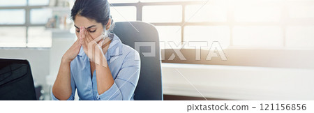 Stress, tired and laptop with business woman in office for frustrated, connection glitch and brain fog. Mistake, banner and mental health with employee for online policy, bug report and crisis Stress, tired and laptop with business woman in office for frustrated, connection glitch and brain fog. Mistake, banner and mental health with employee for online policy, bug report and crisis 121156856