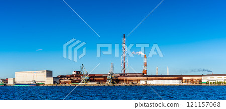 Morning view of Kitakyushu factory (Nippon Steel Kyushu Steel Works) Panorama from near Matsuyama sightseeing ferry terminal [Kitakyushu City, Fukuoka Prefecture] 121157068