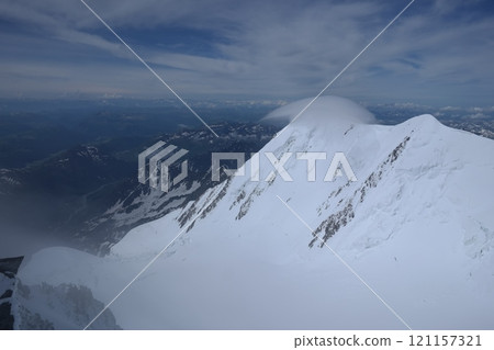 Tranquil Lake With Lush Green Forest, Snow-Capped Mountain, Blue Sky And White Clouds 121157321
