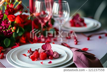 Festive table setting with candles and arrangement of beautiful red flowers. Holiday concept. High quality photo 121157550