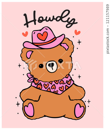 Cute Retro Red Cowboy Teddy Bear Western Valentine Howdy Hand Drawn Bold Design 121157989