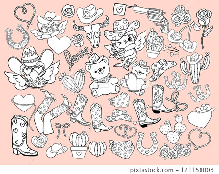 Retro Cowboy Western Valentine Elements coloring image Clipart Hand Drawn Bold Lined collection 121158003