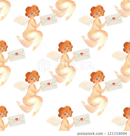 Cupid with letters in vintage style. Love mail. Watercolor seamless pattern for textile and wrapping paper for Valentine's Day or wedding 121158094