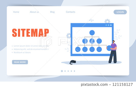 Sitemap Creation concept. Landing page template. Website SEO management. Male Developer organizes site structure. Vector illustration 121158127