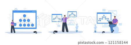 Sitemap Creation concept. Set of Vector illustrations. Website SEO management. Male Developers organizes site structure. Search optimization. Flowchart UI UX Sitemap Creation concept. Set of Vector illustrations. Website SEO management. Male Developers organizes site structure. Search optimization. Flowchart UI UX 121158144