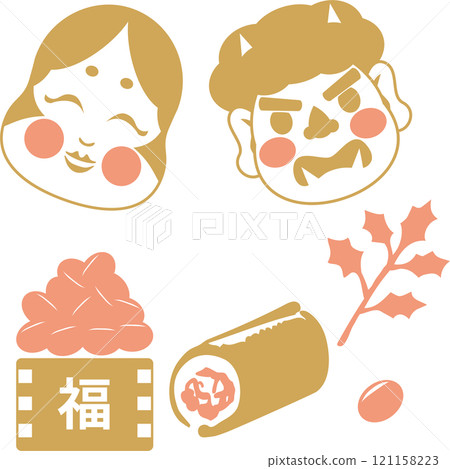 Beginning of Spring, Setsubun, Otafuku, Oni, Mamemaki, Ehomaki, Decoration, Arrangement, Illustration material Beginning of Spring, Setsubun, Otafuku, Oni, Mamemaki, Ehomaki, Decoration, Arrangement, Illustration material 121158223
