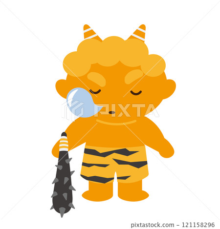 Vector illustration of a yellow demon sleeping while standing with a metal club 121158296