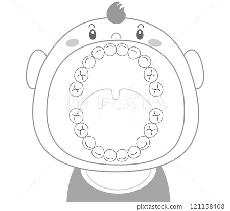 張大嘴的乳牙的黑白插圖 張大嘴的乳牙的黑白插圖 121158408