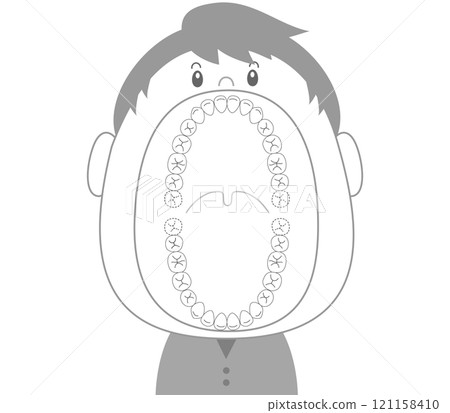 張大嘴的成年牙齒的黑白插圖 121158410