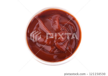 Bowl of ketchup or tomato sauce isolated on white background 121158530
