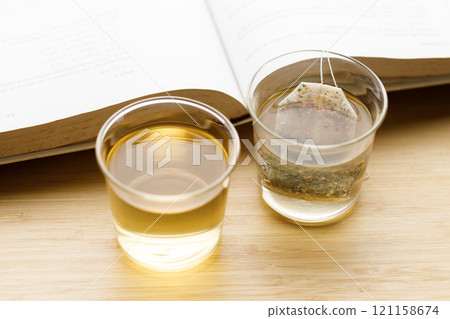 glass of hot tea and tea bag 121158674
