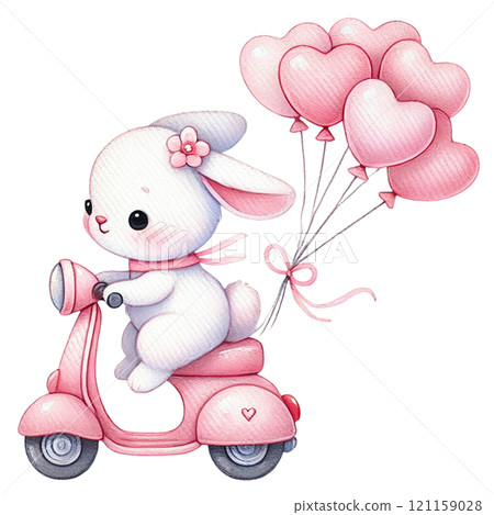 Cute bunny riding a scooter with heart-shaped balloons. Valentine's cartoon character. 121159028