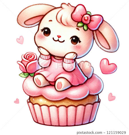 Cute bunny sitting on a cupcake with pink frosting and roses. Valentine's cartoon character. 121159029