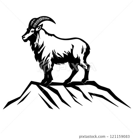 Bold, stylized silhouette of a majestic mountain goat standing on a rocky peak, representing strength and resilience in nature. Animals. Bold, stylized silhouette of a majestic mountain goat standing on a rocky peak, representing strength and resilience in nature. Animals. 121159083