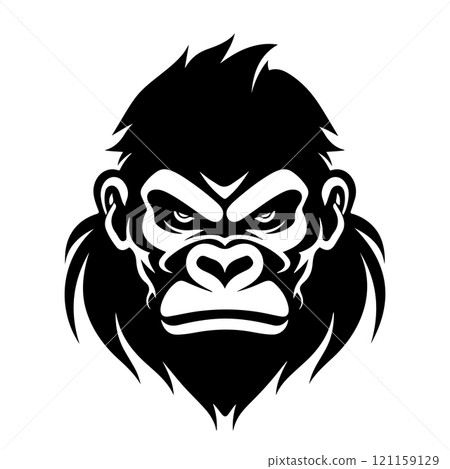 Bold black and white illustration of an angry gorilla head, featuring sharp lines and intense expression, perfect for logos or mascots, Wildlife Vector Designs. 121159129