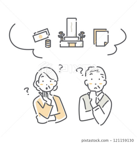 一幅簡單而時尚的線條畫插圖，描繪了一對年長夫婦考慮維護和關閉墳墓的情況。 121159130
