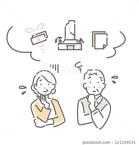 A senior couple thinking about maintaining and closing their graves. A simple and stylish line drawing illustration 121159131