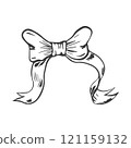 Vector bow for a birthday party. Linear drawing in black and white for the icon festival. A design sketch made by hand on a white isolated background. 121159132
