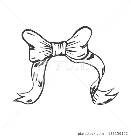 Vector bow for a birthday party. Linear drawing in black and white for the icon festival. A design sketch made by hand on a white isolated background. 121159132