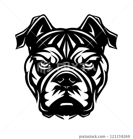 Bold and aggressive bulldog mascot logo in black and white, featuring a fierce expression, sharp lines, and detailed design. Perfect for sports teams or branding. Pet. Animals. Bold and aggressive bulldog mascot logo in black and white, featuring a fierce expression, sharp lines, and detailed design. Perfect for sports teams or branding. Pet. Animals. 121159269